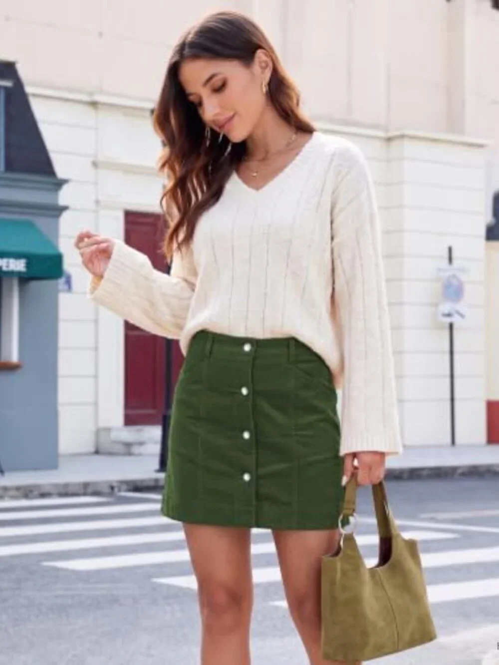 Corduroy Short Skirt Women Button High Rise A-Line Stretchy Lounge